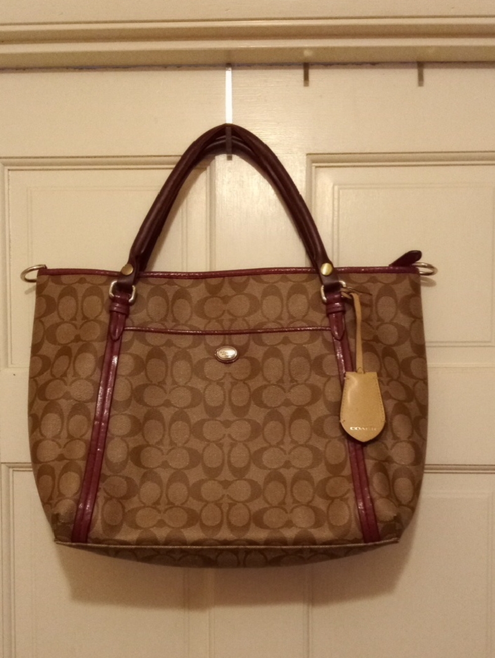 Coach Tan Jacquard Tote with Burgundy Trim and Beige Tag